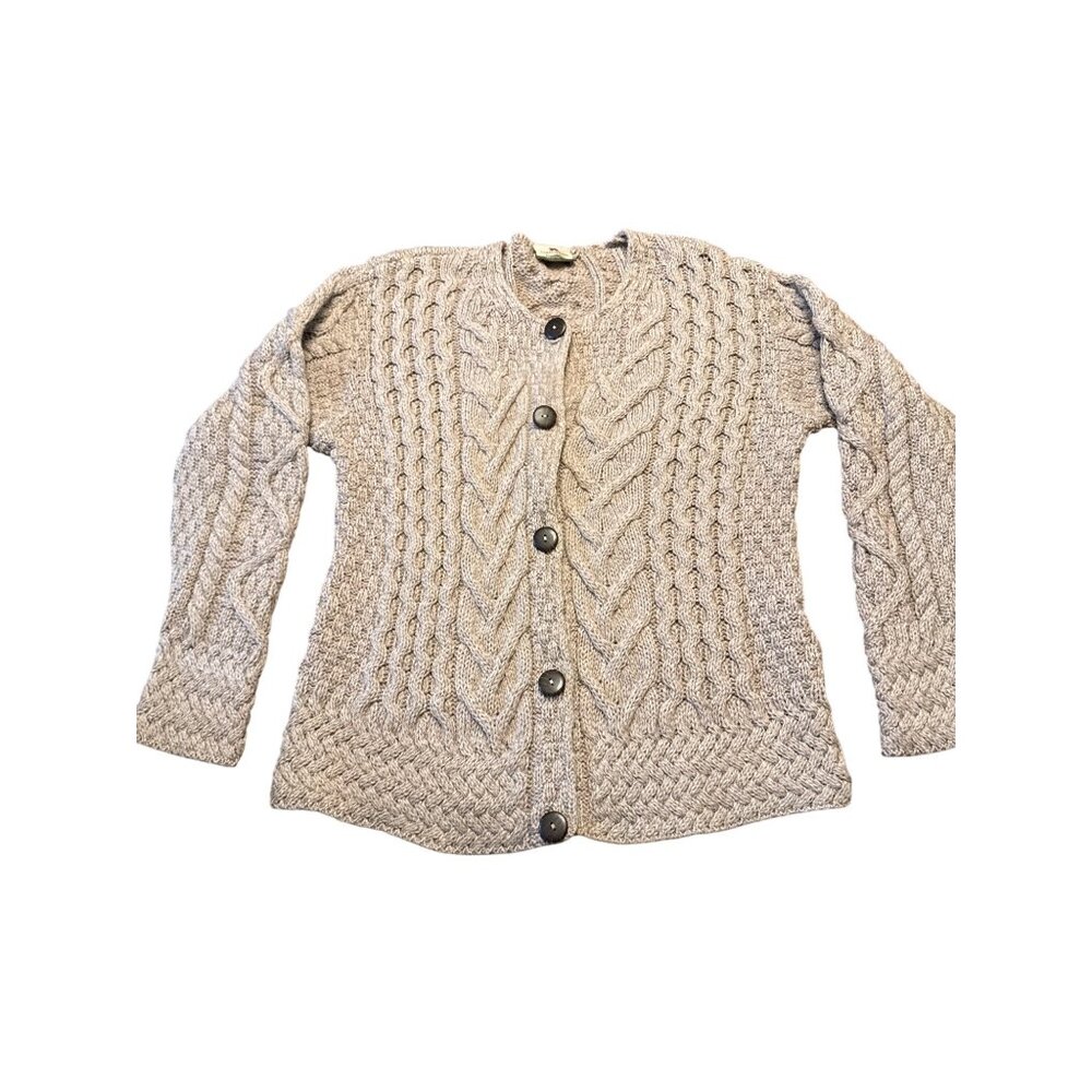 Handmade Irish Cable Knit Wool Cardigan Sweater With Button Front  Large  Beige